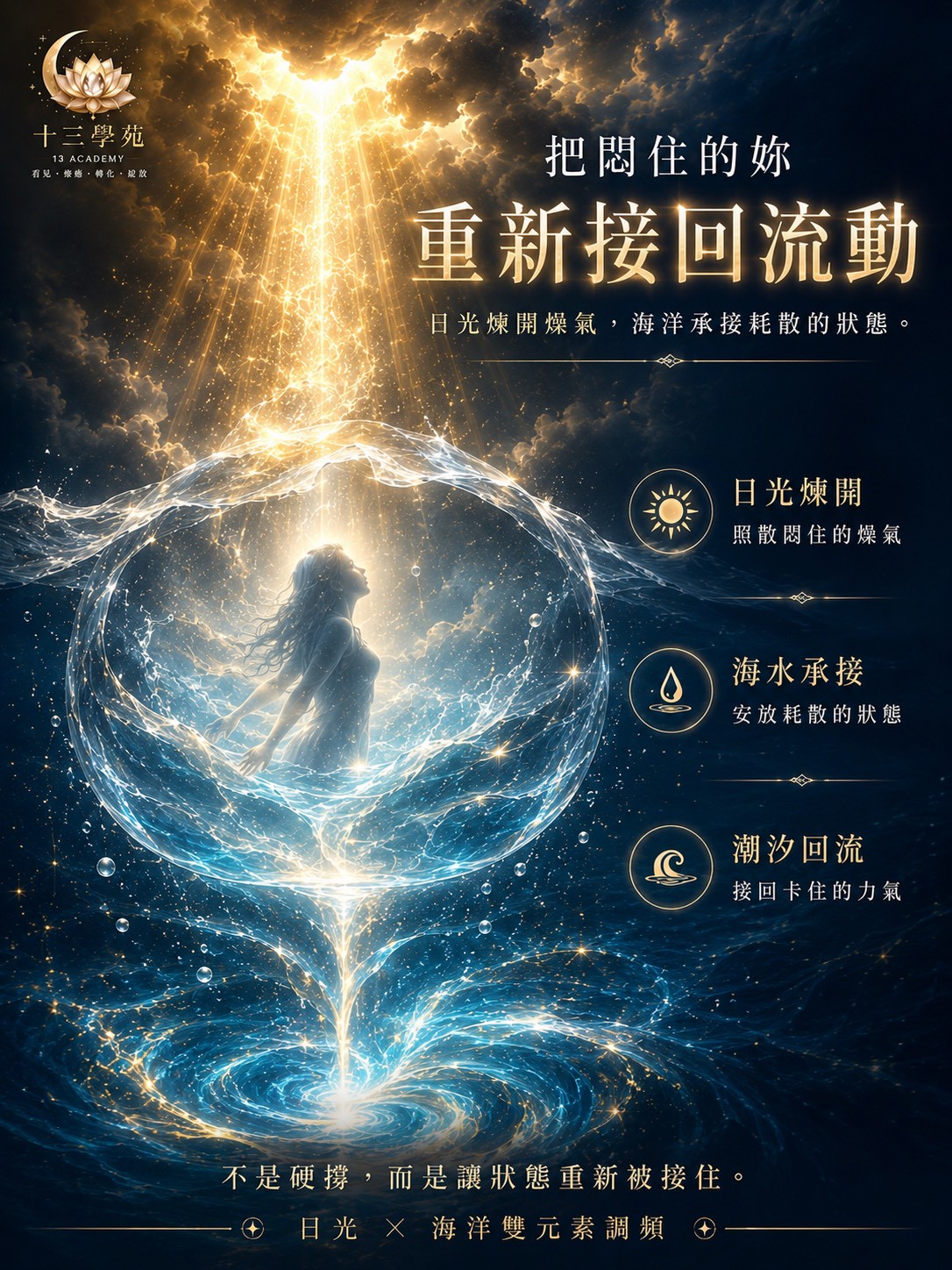 日光煉開燥氣，海洋承接耗散的狀態