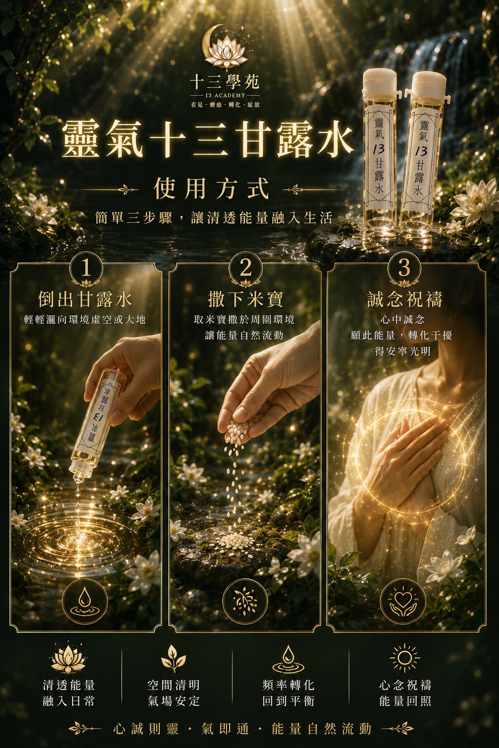 融合墨祖、三龍神、赤羽凰靈四大能量真言，一滴甘露轉化沉重頻率