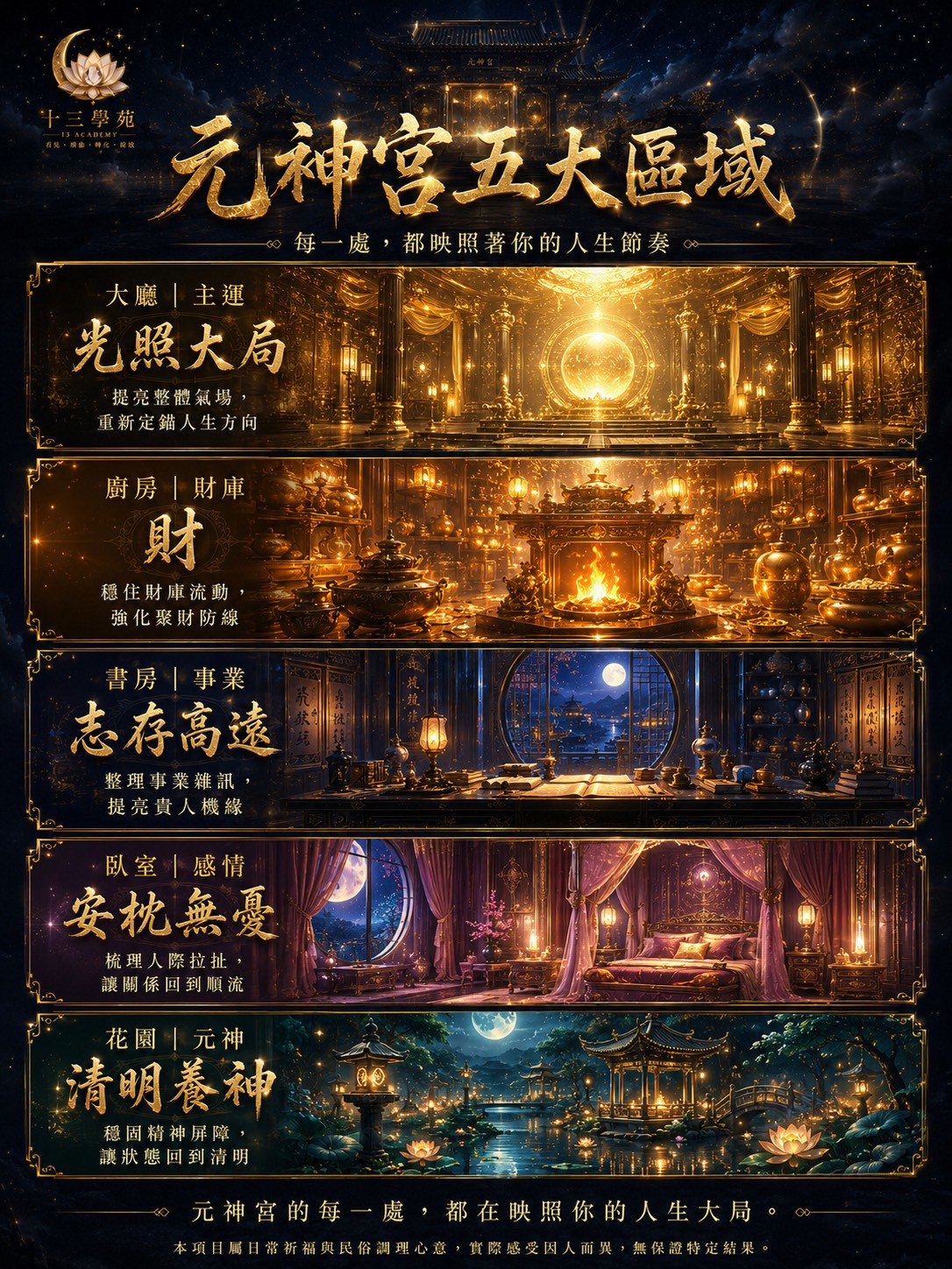 元神宮五大區域：大廳・廚房・書房・臥室・花園